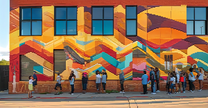 A colorful mural on a brick building in East Austin, with people admiring the art during golden hour.