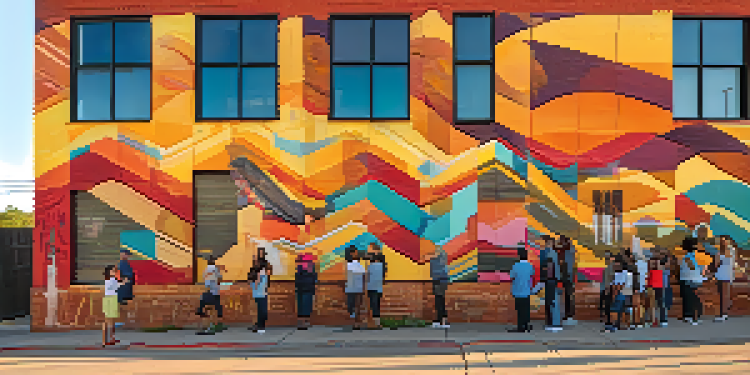 A colorful mural on a brick building in East Austin, with people admiring the art during golden hour.