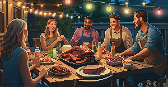 A lively outdoor barbecue setting with a table of smoked meats and sides, illuminated by string lights and friends enjoying their meal.