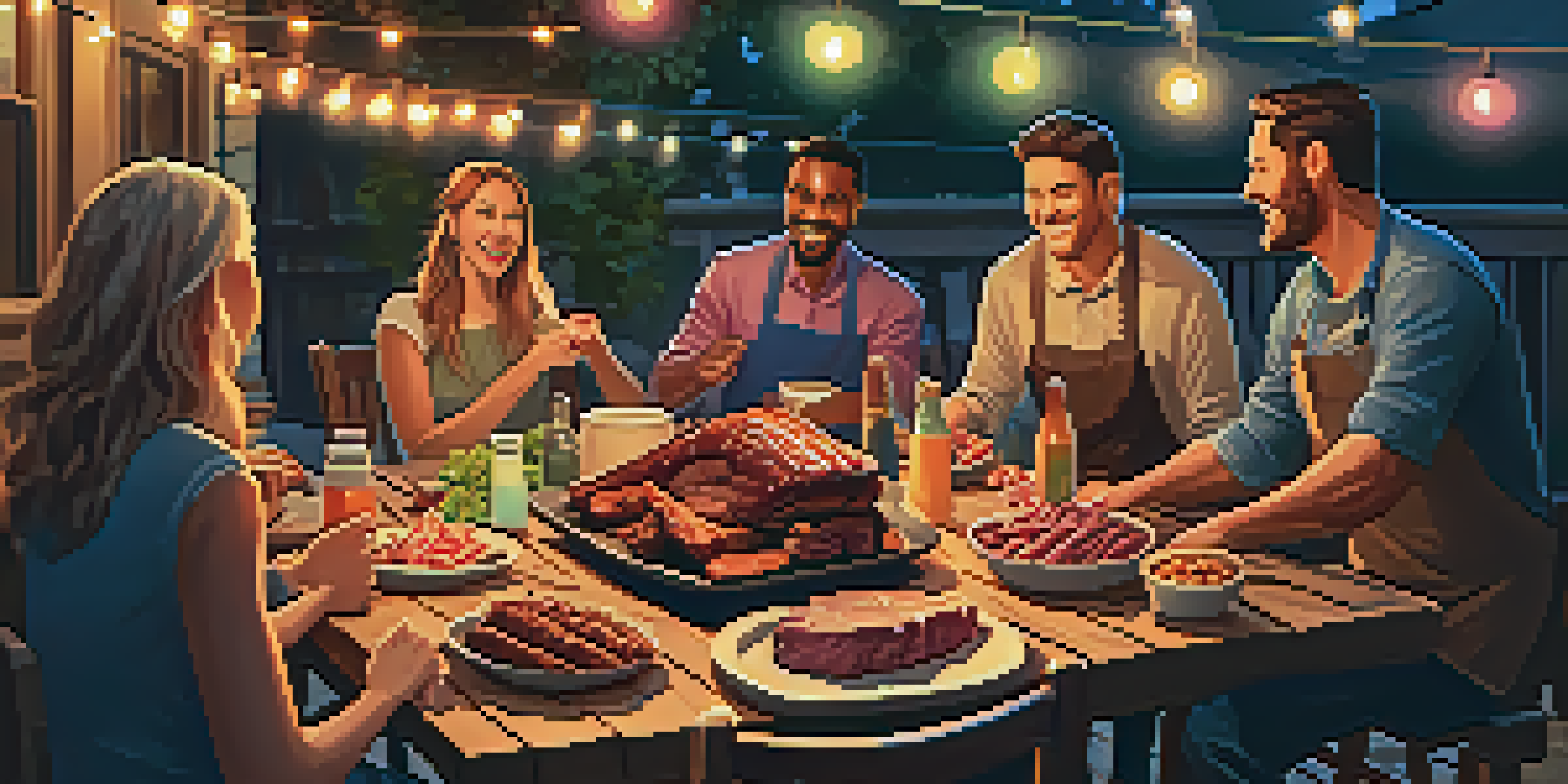 A lively outdoor barbecue setting with a table of smoked meats and sides, illuminated by string lights and friends enjoying their meal.