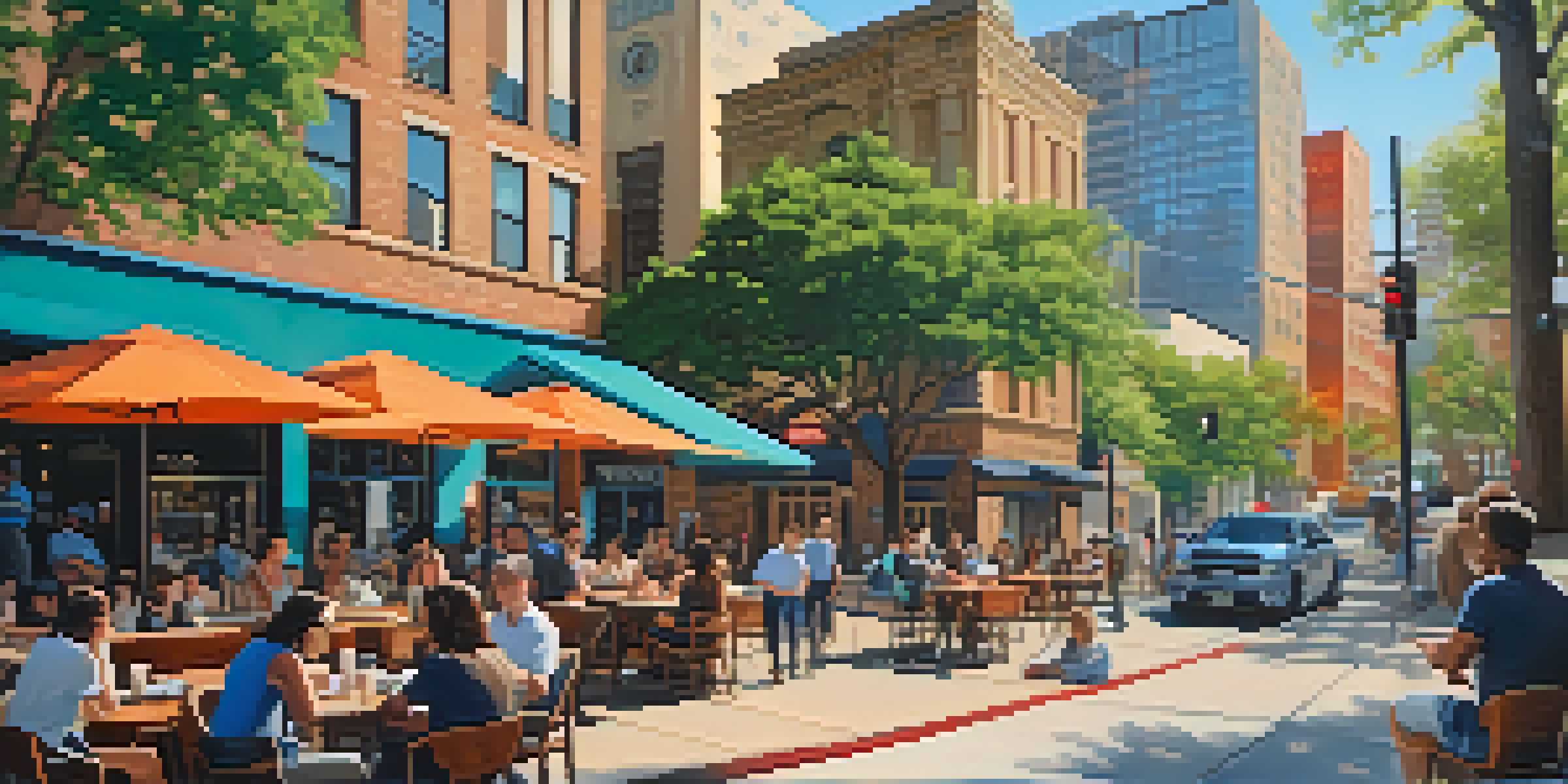 A lively outdoor cafe scene in Austin, Texas, with people enjoying coffee and discussing ideas, surrounded by modern tech offices and traditional architecture.
