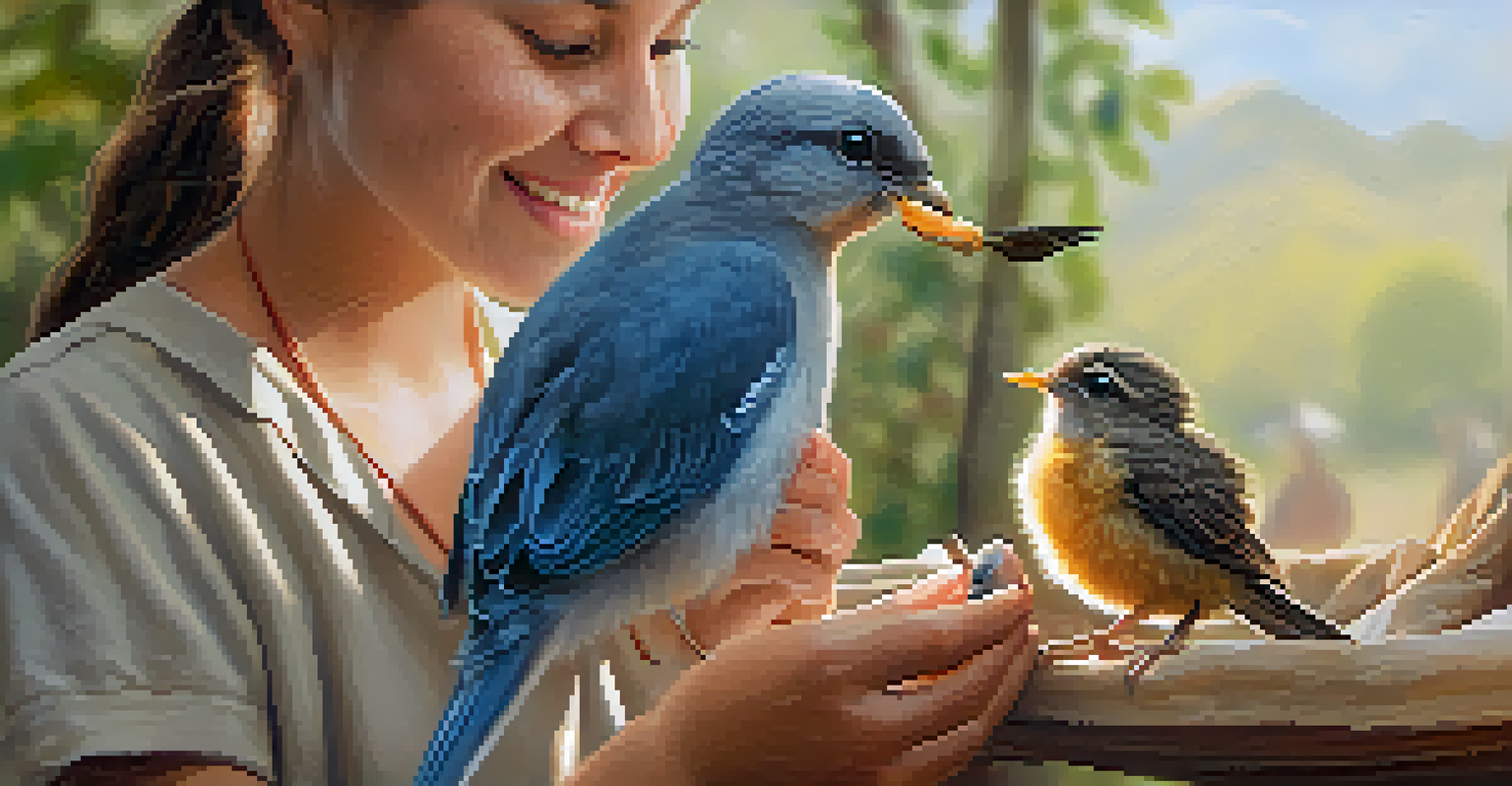 A volunteer feeding a baby bird in a wildlife rehabilitation center.