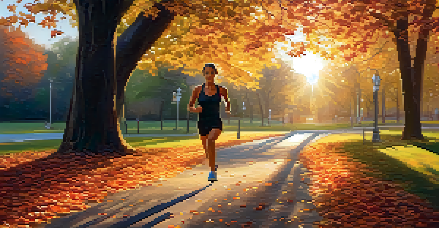 A person jogging in a park at sunrise, surrounded by colorful autumn leaves and warm golden light.