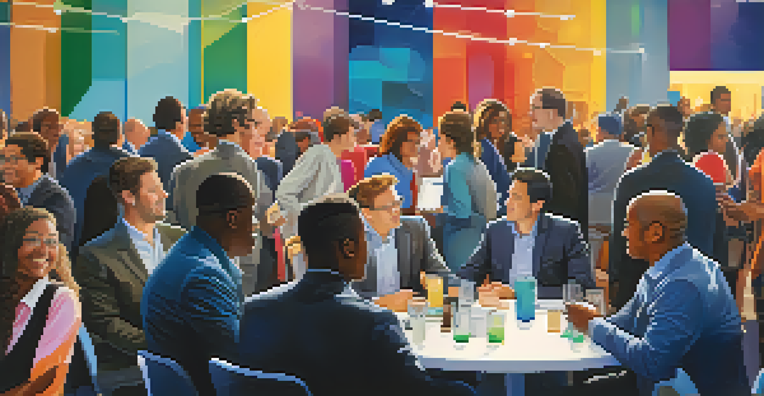A diverse group of investors and entrepreneurs networking at a tech conference, with colorful banners and a lively atmosphere of collaboration.