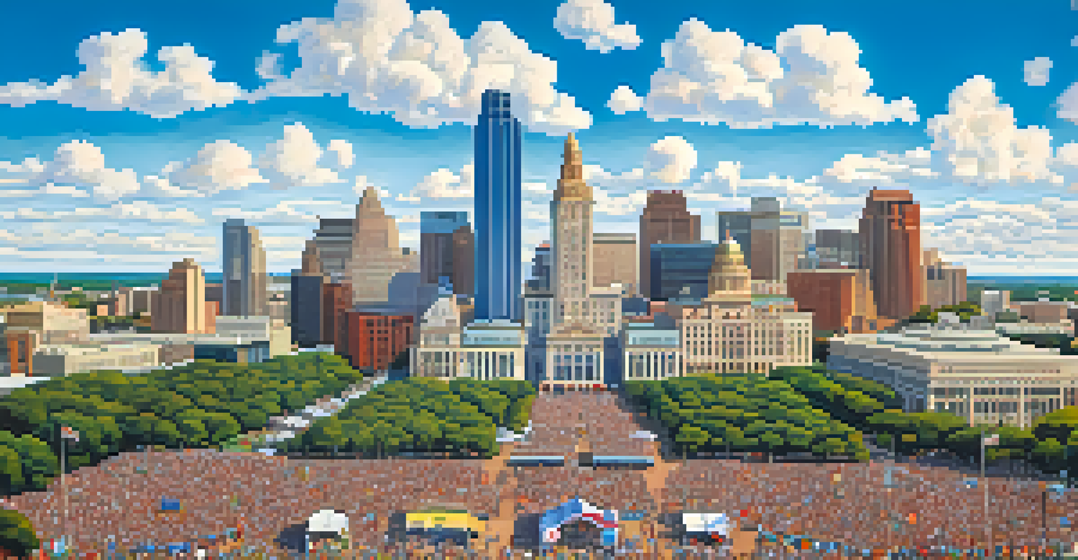 An aerial view of Austin's skyline with a large crowd gathered in a park for a festival, surrounded by colorful tents and activities.