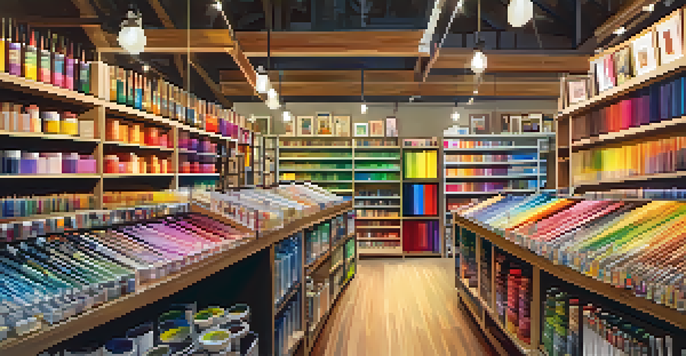 An art supply store filled with various art materials and a friendly staff member helping a customer amidst colorful artwork on the walls.