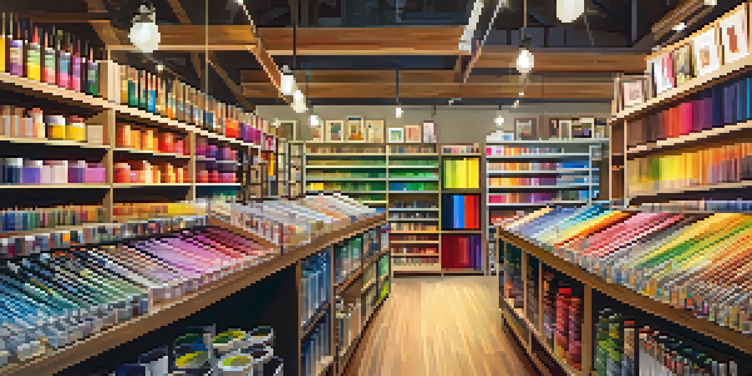 An art supply store filled with various art materials and a friendly staff member helping a customer amidst colorful artwork on the walls.