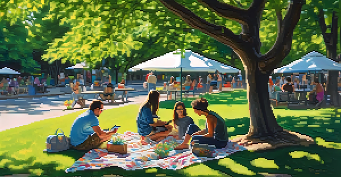 A person working on a laptop outdoors in Zilker Park, surrounded by trees and flowers, with sunlight filtering through the leaves.