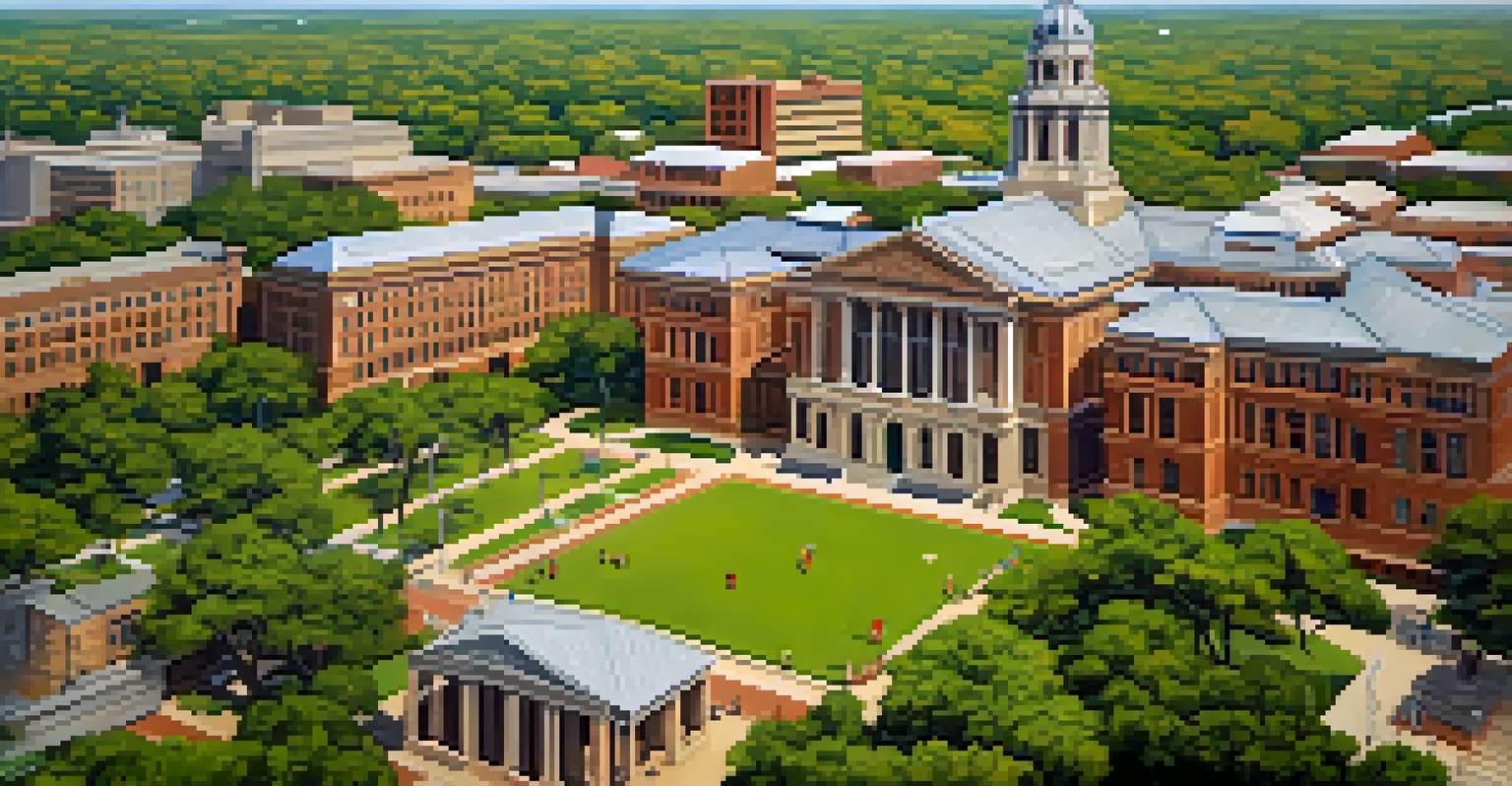 Aerial view of the University of Texas at Austin campus with students enjoying a sunny day.