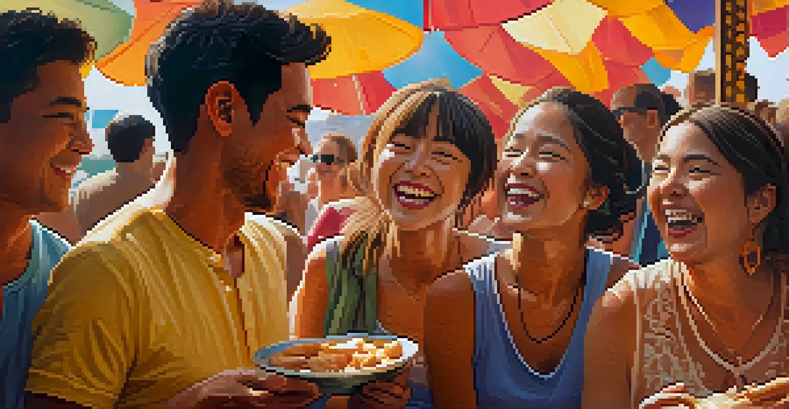 Festival-goers sharing laughter and enjoying local food, with vibrant decorations and warm sunlight in the background.