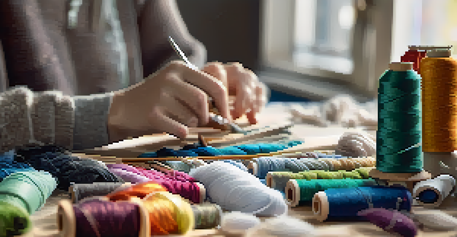 A designer's hands crafting clothing with eco-friendly materials in a well-lit workspace.