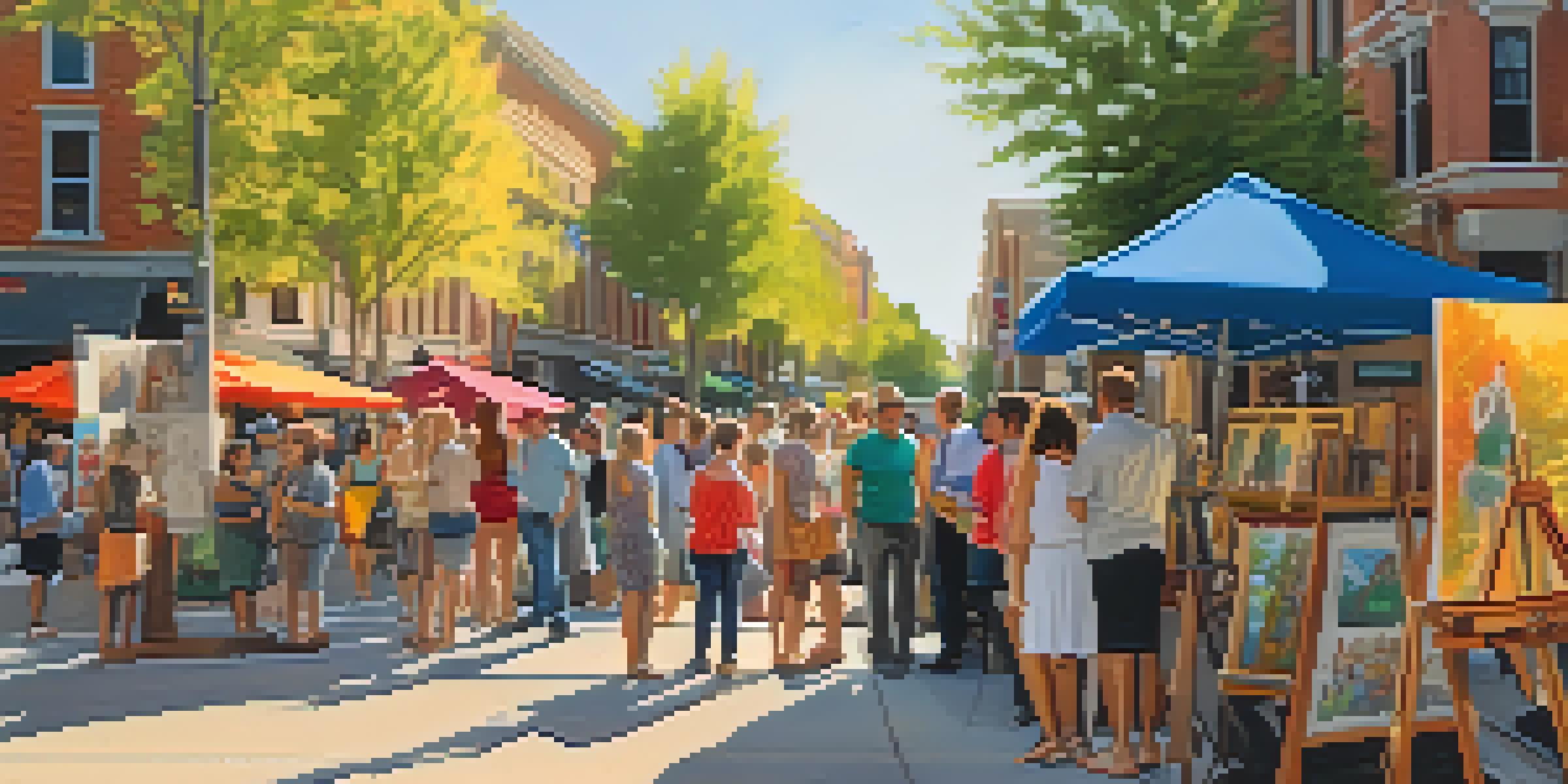 A lively street filled with local artists displaying their artwork during an art walk, with people engaging and admiring the art under warm sunlight.