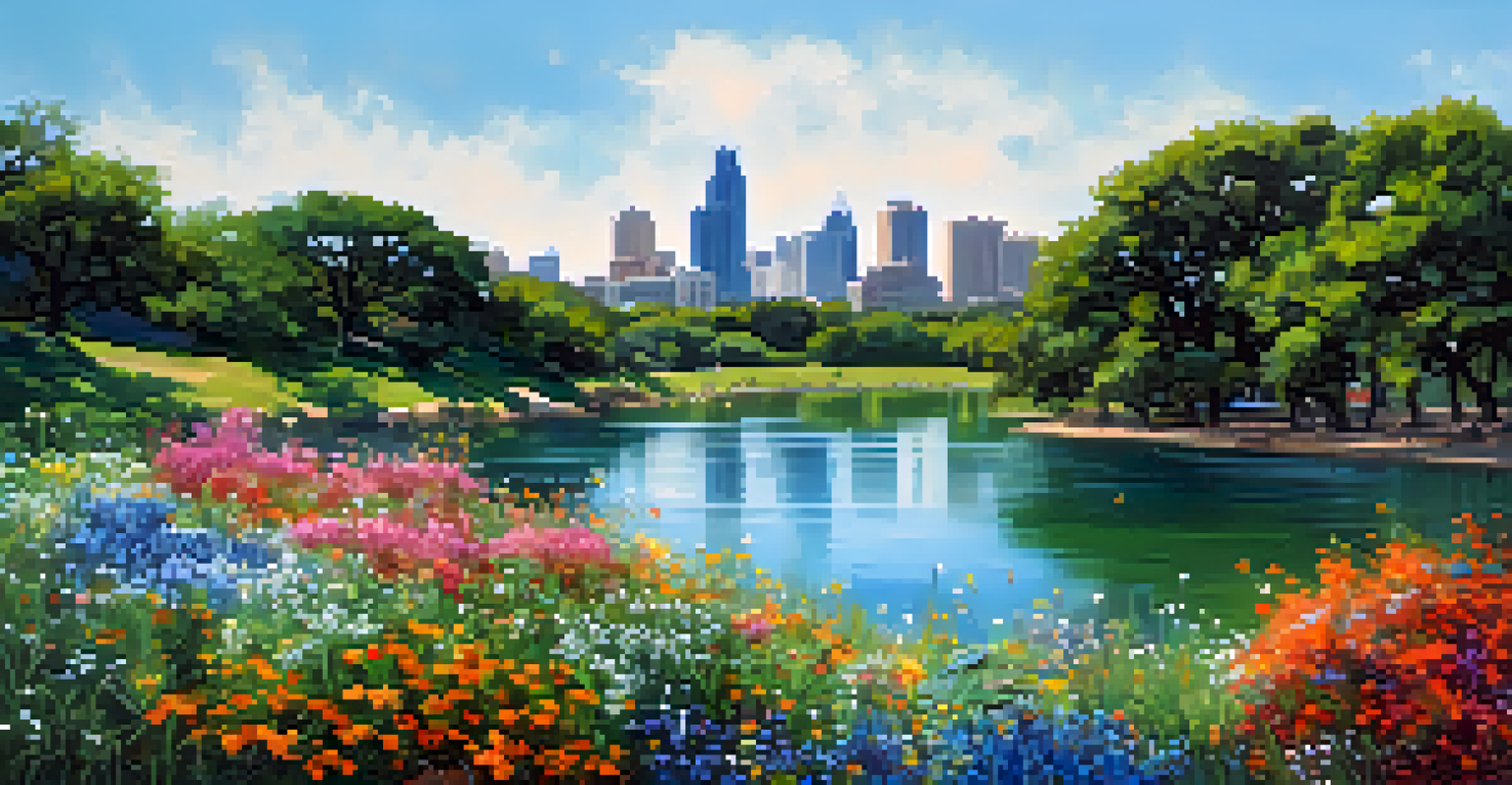 A vibrant park scene at Zilker Park with colorful wildflowers and a kingfisher diving into the lake.