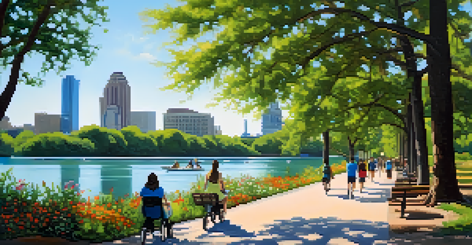 A peaceful walking path along Lady Bird Lake in Austin, with people jogging and relaxing amidst lush greenery and wildflowers.