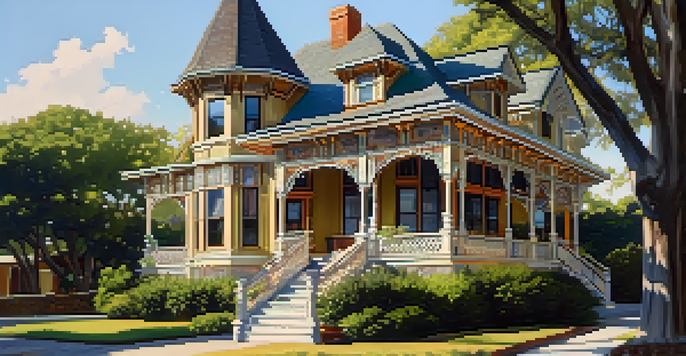 A colorful Victorian-style house with intricate woodwork, steep gabled roof, and expansive porch, surrounded by greenery in Austin.