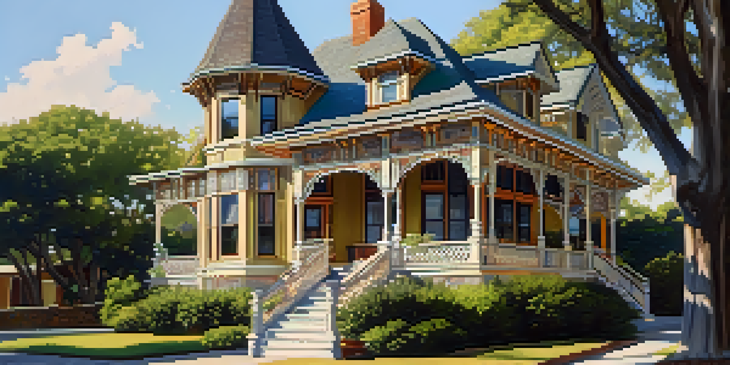 A colorful Victorian-style house with intricate woodwork, steep gabled roof, and expansive porch, surrounded by greenery in Austin.