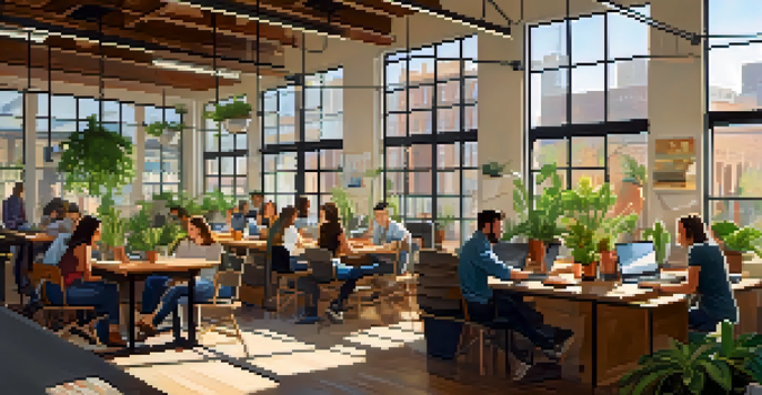 A bright and lively coworking space in Austin with diverse people working on laptops and interacting, bathed in natural light.