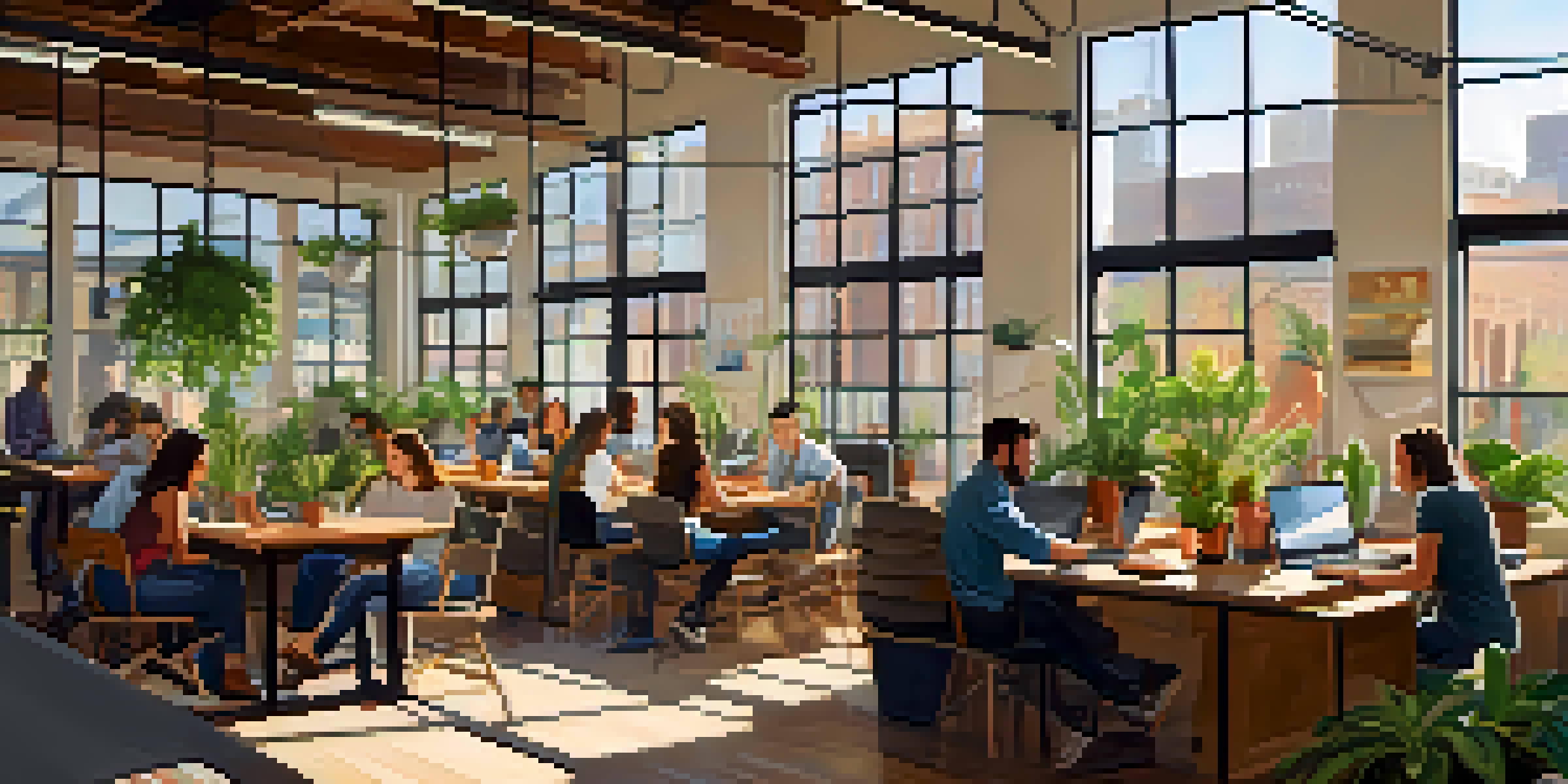 A bright and lively coworking space in Austin with diverse people working on laptops and interacting, bathed in natural light.