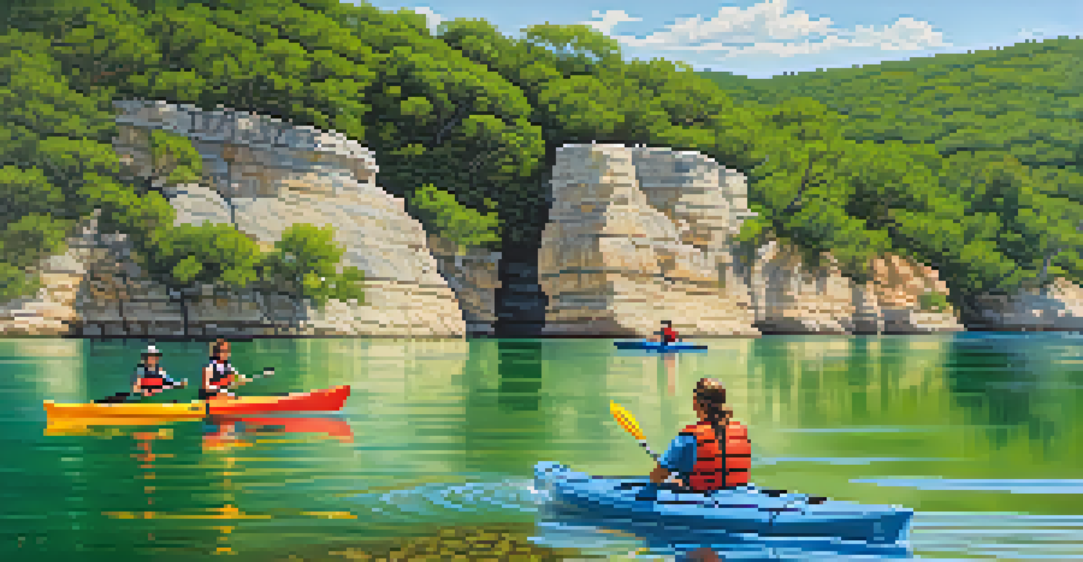 Friends kayaking on Lake Travis with clear blue waters and scenic hills in the background.