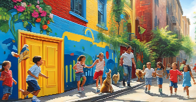 A colorful mural of playful animals in an urban alley, with people smiling and interacting around it.