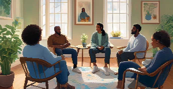 A diverse group of individuals sitting in a circle during a therapy session, with a warm and inviting room decorated with plants and soft lighting.