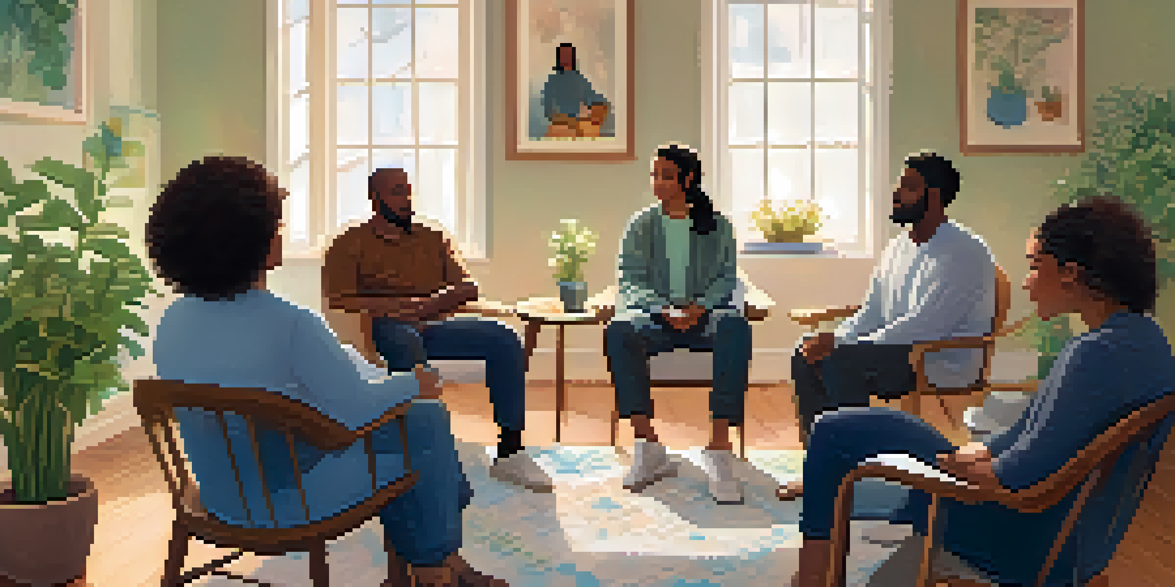 A diverse group of individuals sitting in a circle during a therapy session, with a warm and inviting room decorated with plants and soft lighting.