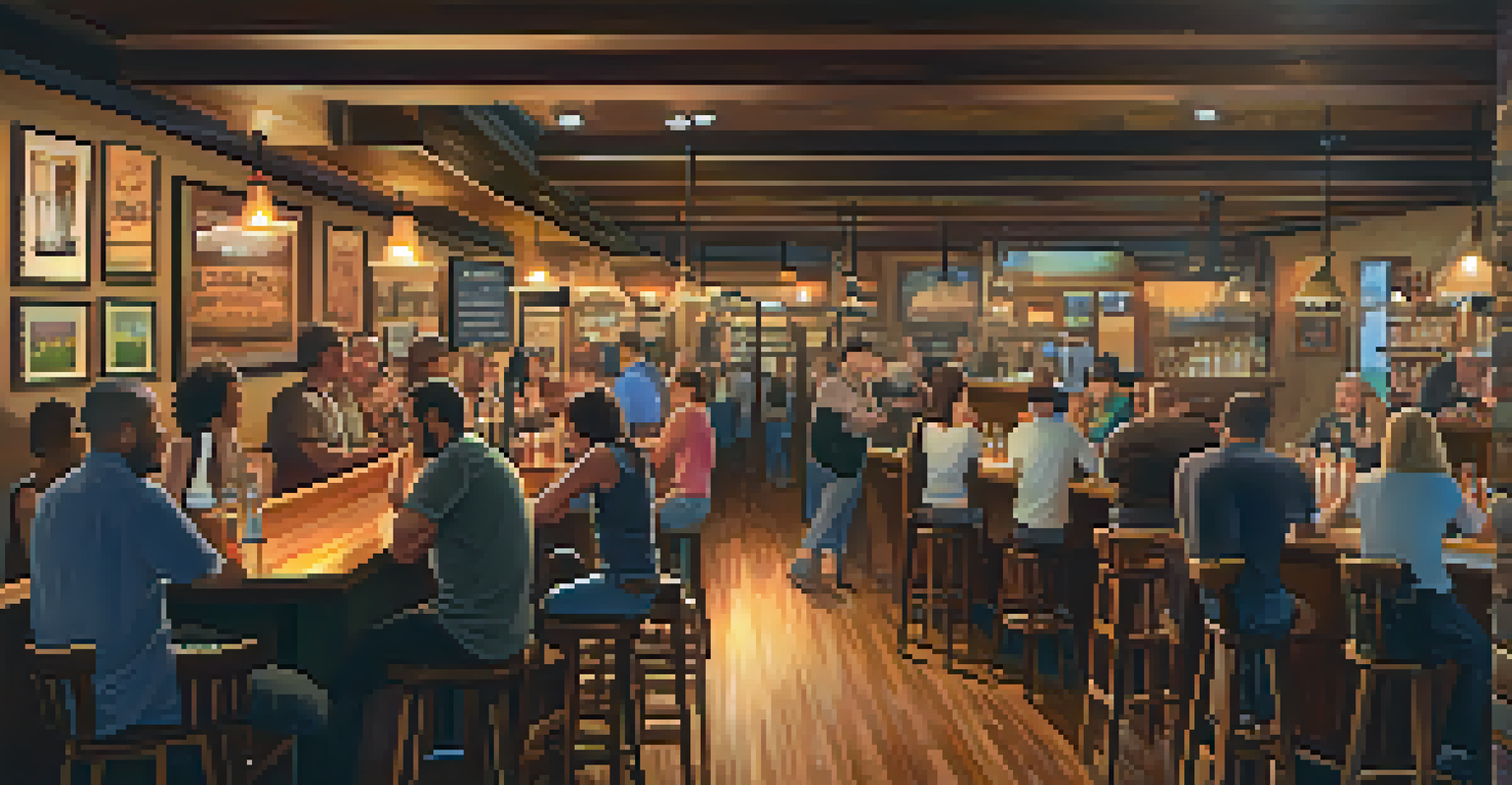 A warm and inviting taproom with patrons enjoying craft beer, a bartender serving drinks, and local art on the walls.