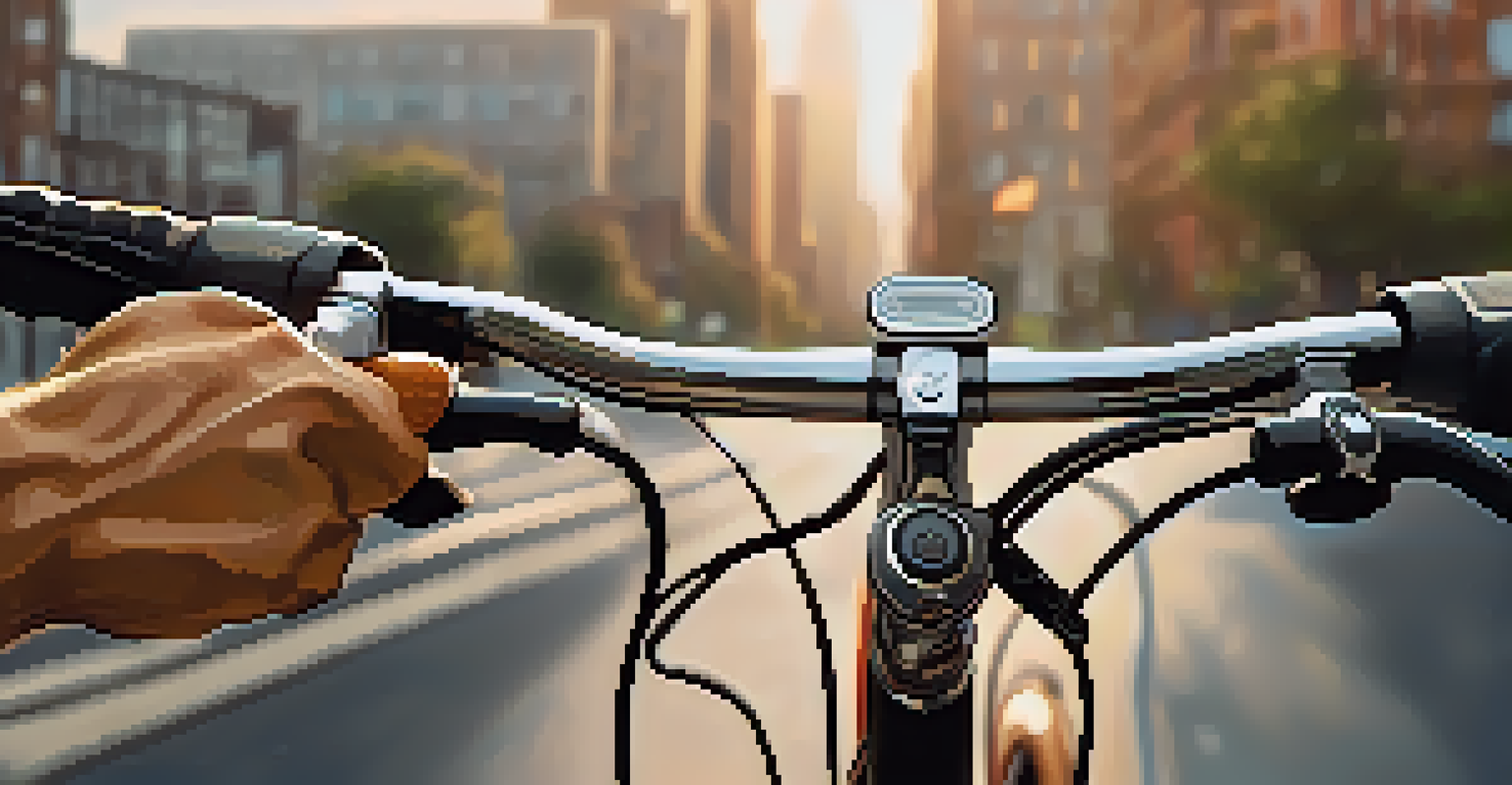 Close-up of a cyclist's hands on handlebars with a cityscape in the background, showcasing the biking culture.