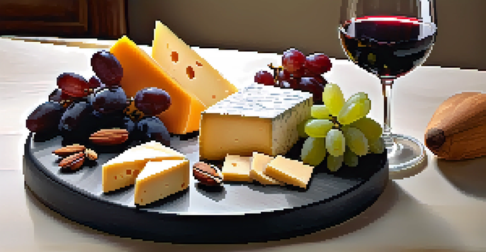 A cheese board with sharp cheddar and creamy Brie, accompanied by fruits and nuts, and a glass of Cabernet Sauvignon.