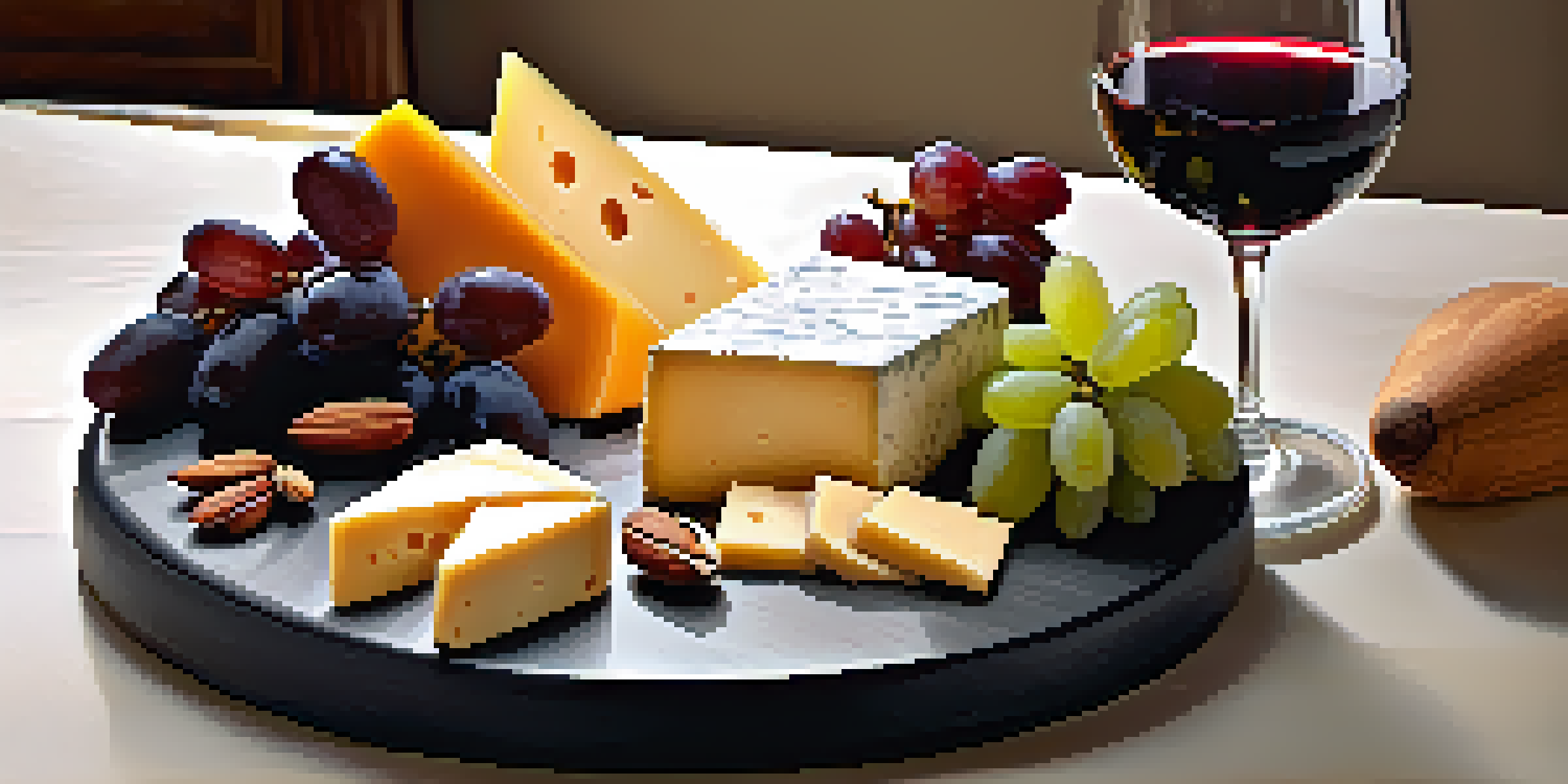 A cheese board with sharp cheddar and creamy Brie, accompanied by fruits and nuts, and a glass of Cabernet Sauvignon.