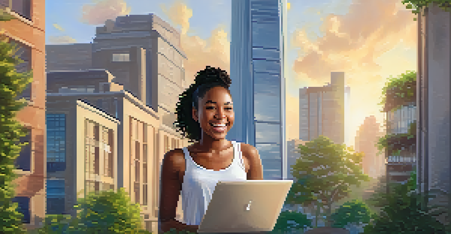 A young woman celebrating her success after a coding bootcamp, standing outside an office building with a laptop and a joyful expression.