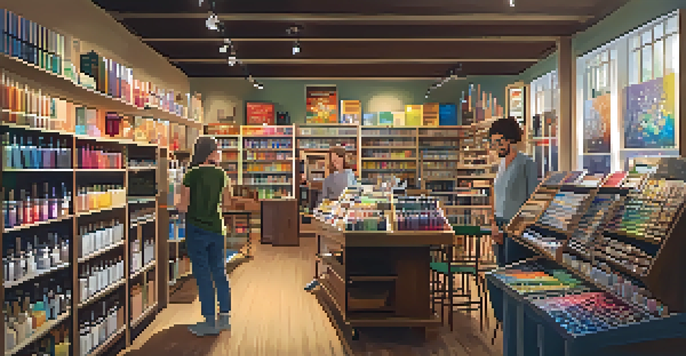 An inviting art supply store with shelves stocked full of colorful art materials and a staff member helping a customer.