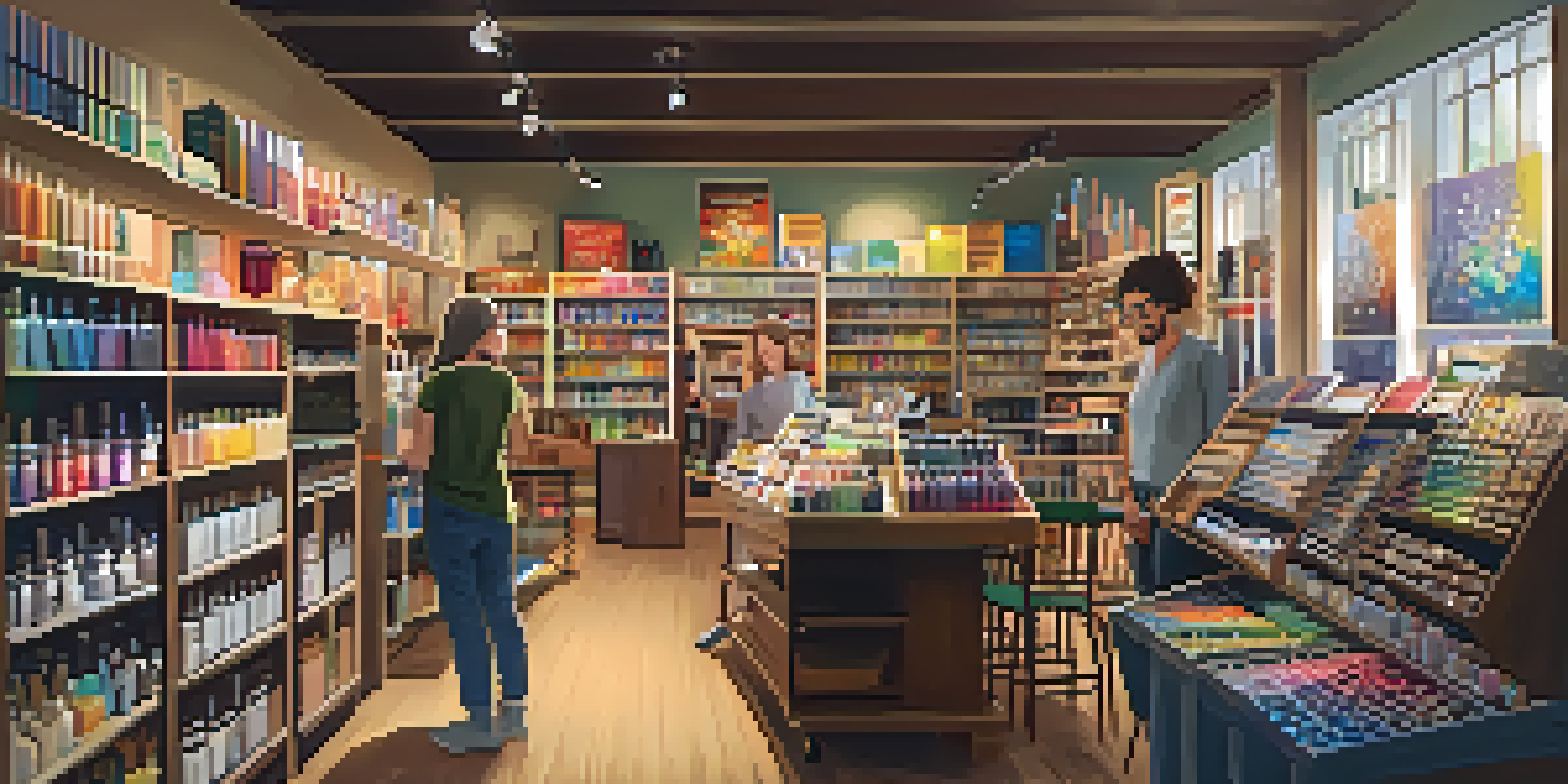 An inviting art supply store with shelves stocked full of colorful art materials and a staff member helping a customer.