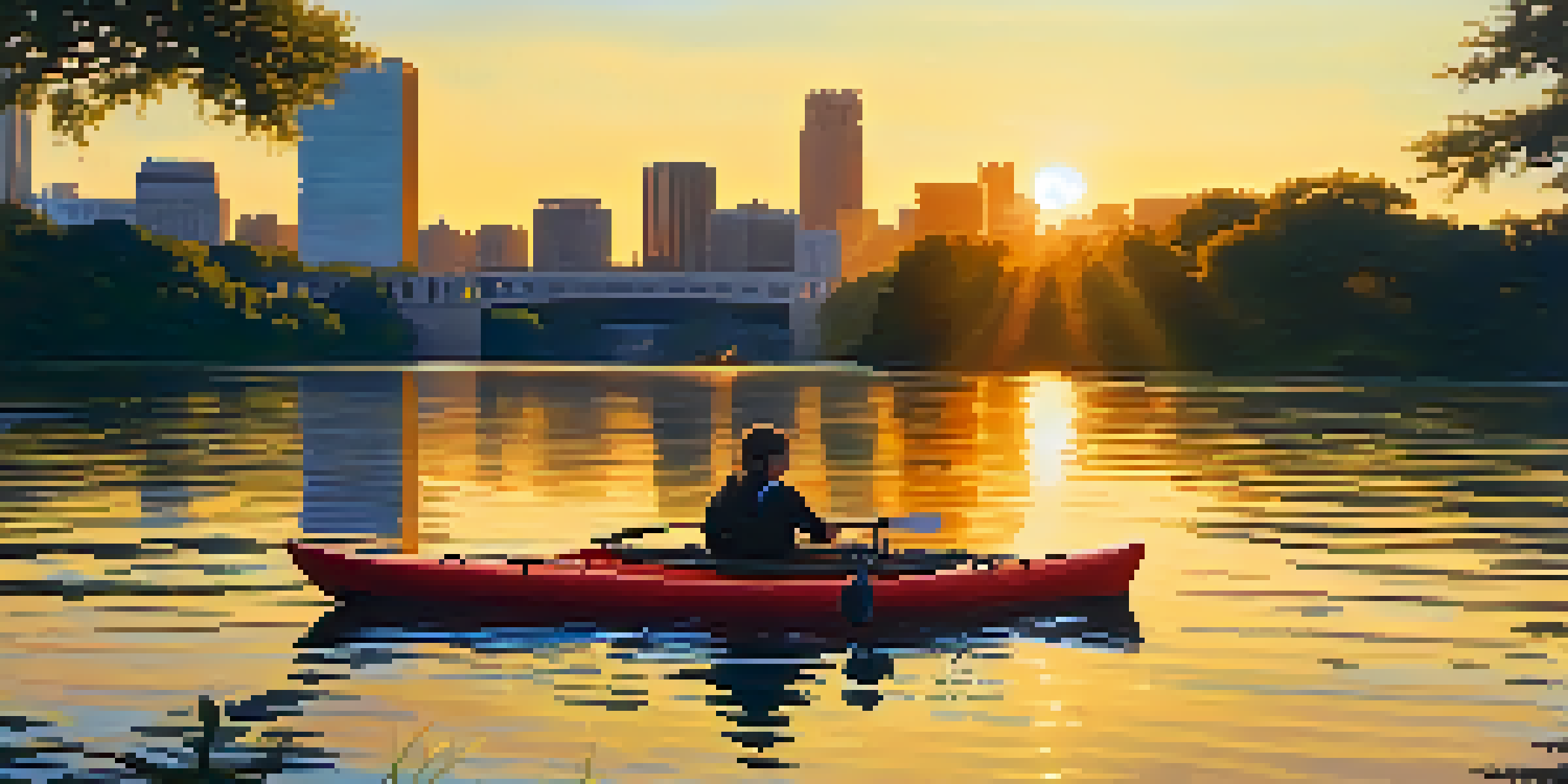 A calm evening at Lady Bird Lake with kayakers and a sunset reflecting on the water, surrounded by greenery and the city skyline.