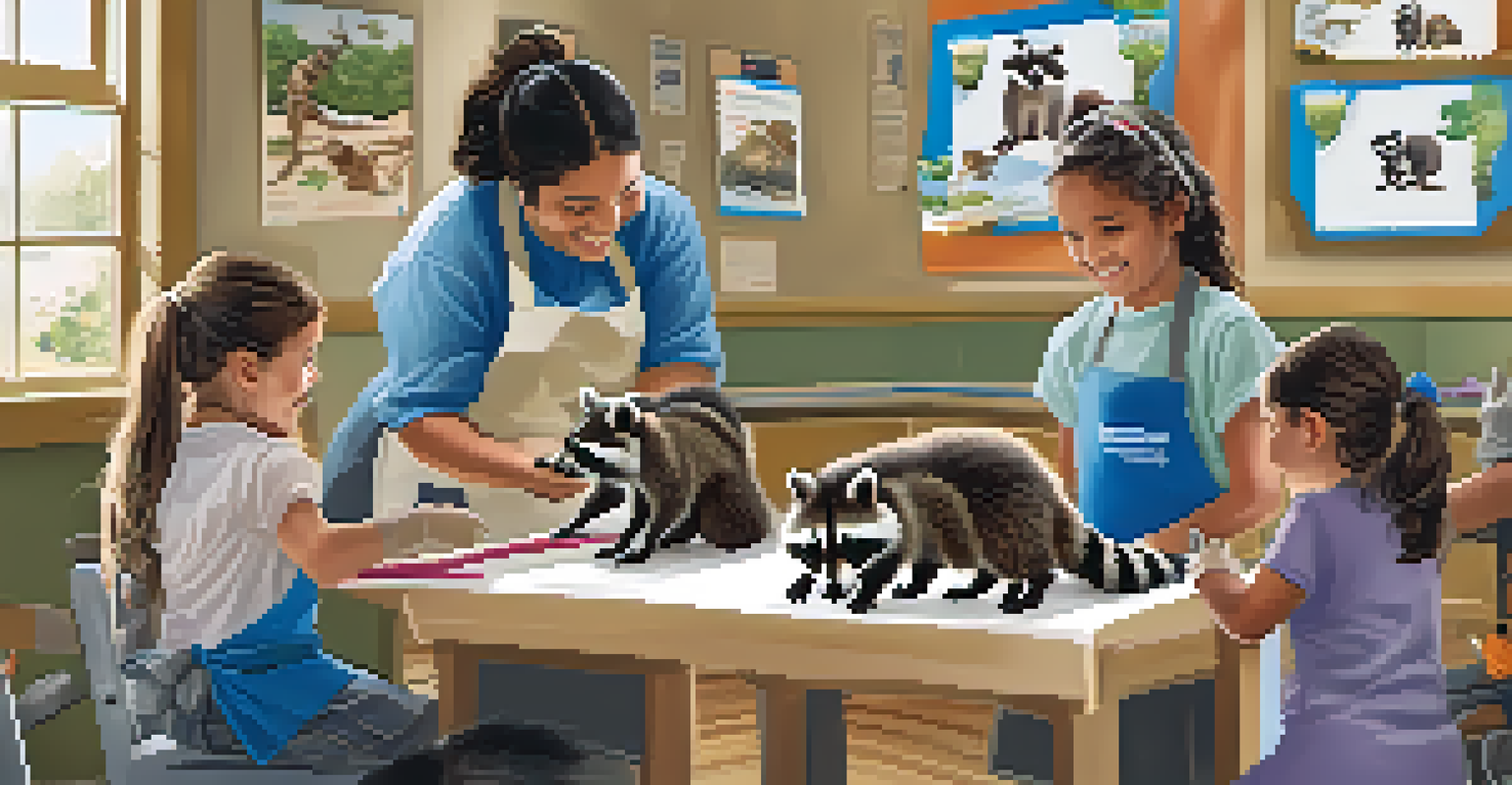 Children participating in a wildlife workshop, feeding a baby raccoon, with educational posters in the background.