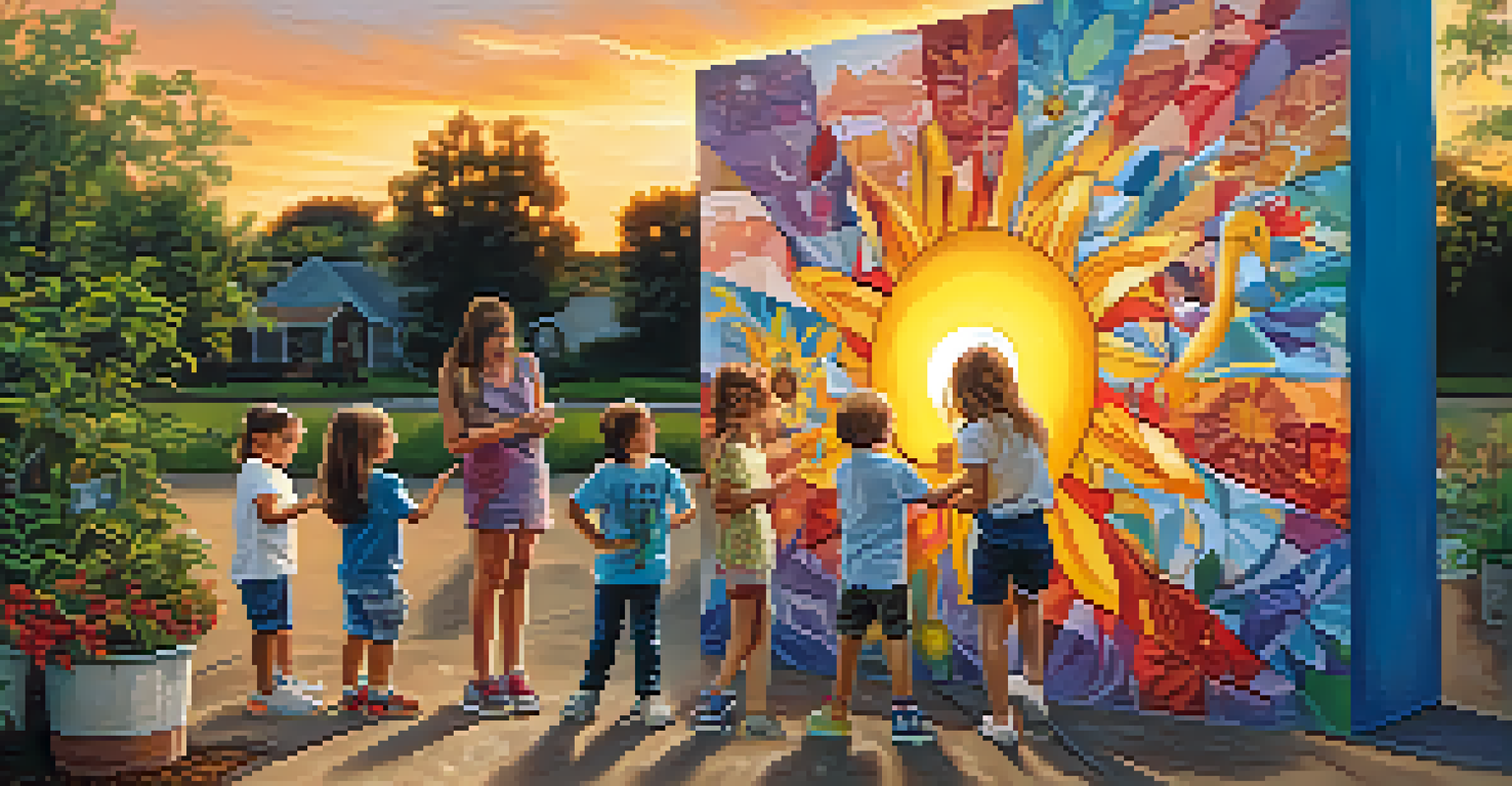 Children adding their own artistic touches to an interactive mural at the Hope Outdoor Gallery, with a colorful patchwork of designs in the background.