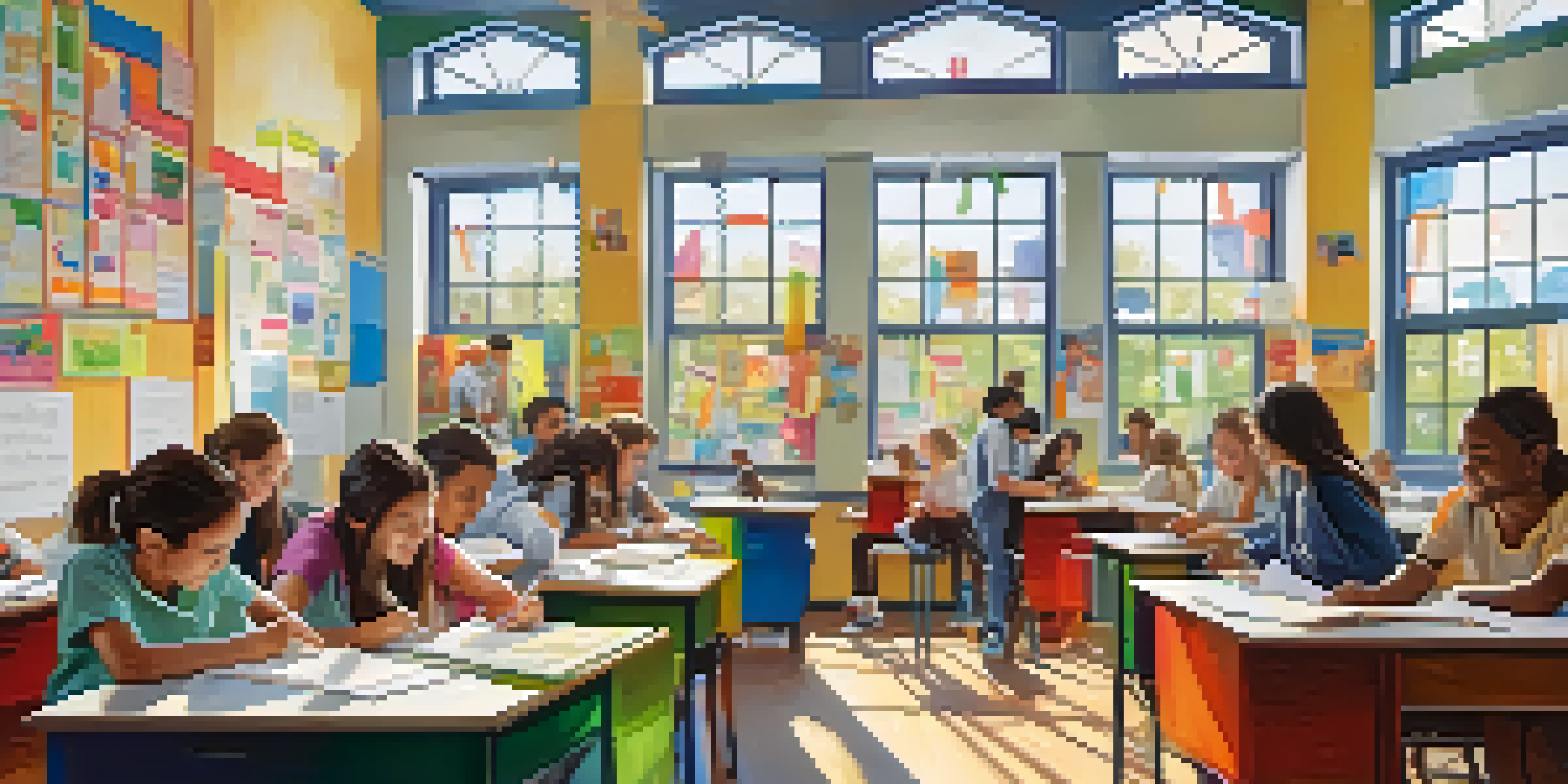 A bright classroom with students collaborating in small groups, surrounded by posters and whiteboards.