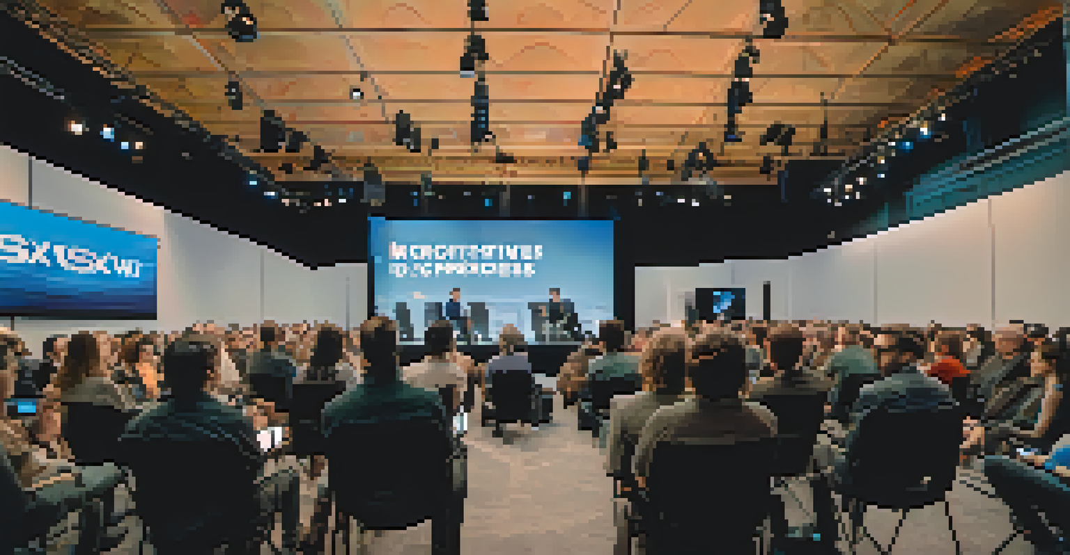 A panel discussion at SXSW with filmmakers speaking to an engaged audience, complemented by visuals on a screen and soft lighting.