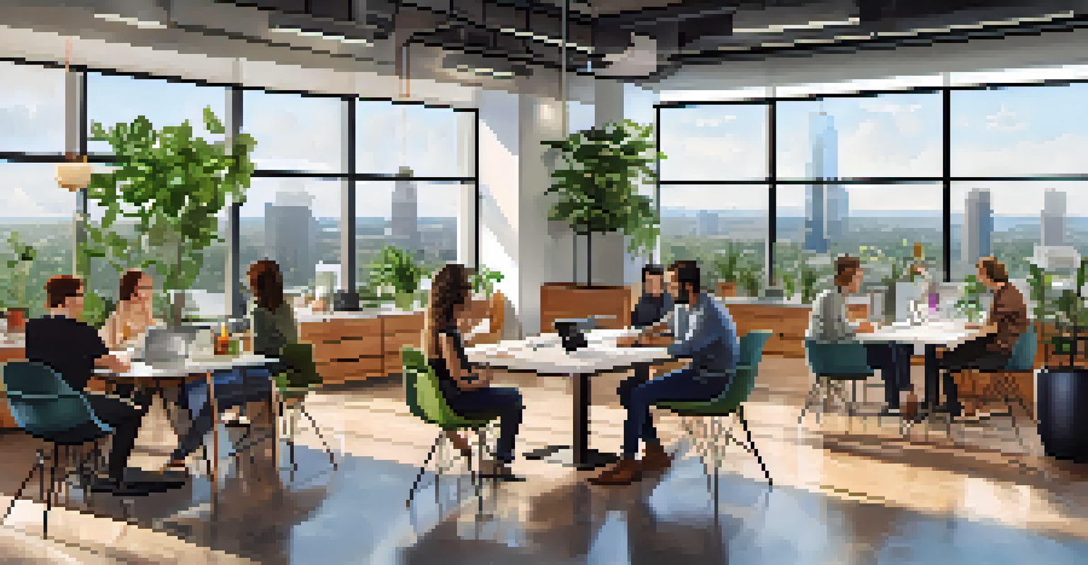 A bright coworking space in Austin with people collaborating at tables, plants around, and a view of the skyline.
