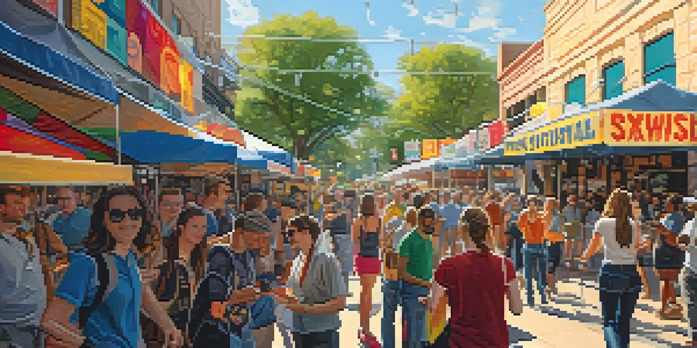 A lively SXSW film festival scene in Austin, featuring diverse crowds, colorful banners, and street performances under bright sunlight.