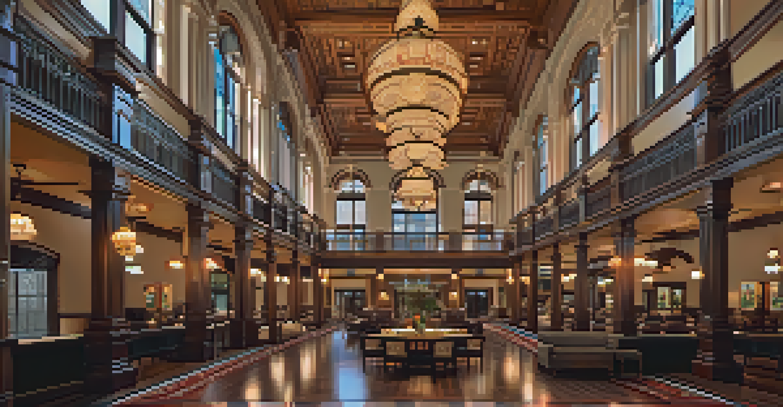 A beautifully designed lobby of the Driskill Hotel with Victorian architecture, warm lighting, and elegant furnishings.