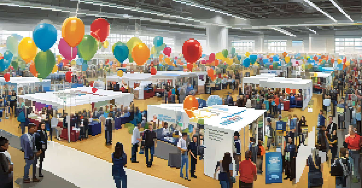 A lively career fair at a community college with students networking with tech employers, surrounded by colorful banners and promotional materials.