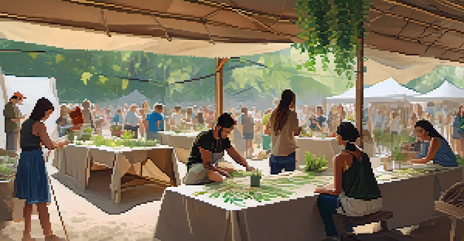 A workshop at a festival where people are crafting eco-friendly items, surrounded by plants and sustainability educational displays under fabric canopies.