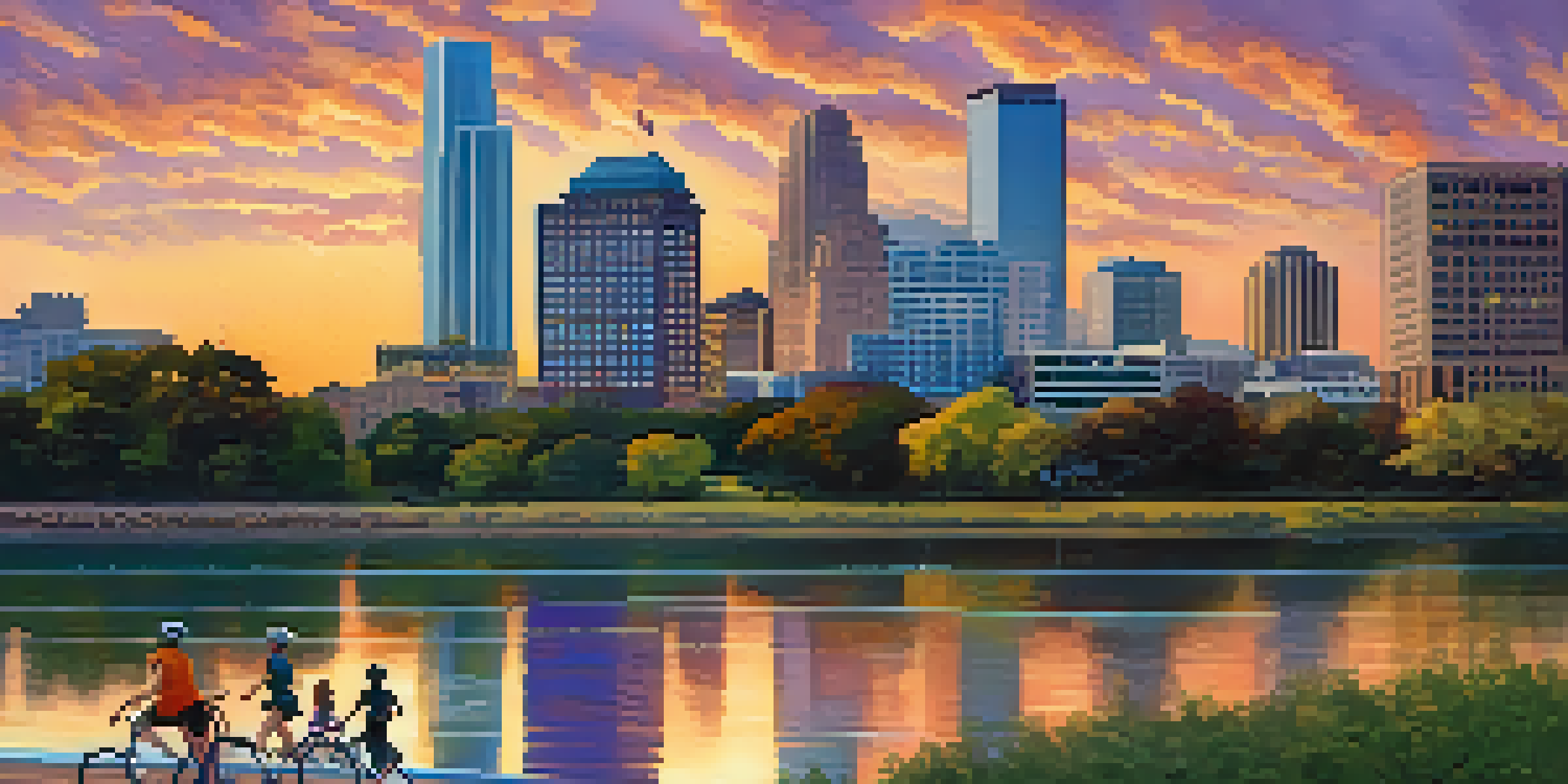 A vibrant sunset view of Austin, Texas, with a skyline and people engaging in outdoor activities along the river.