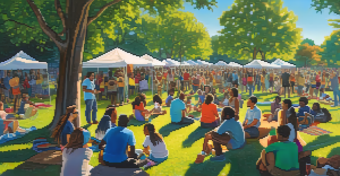 A lively community gathering in a park with diverse people discussing social justice, colorful banners, and children playing.