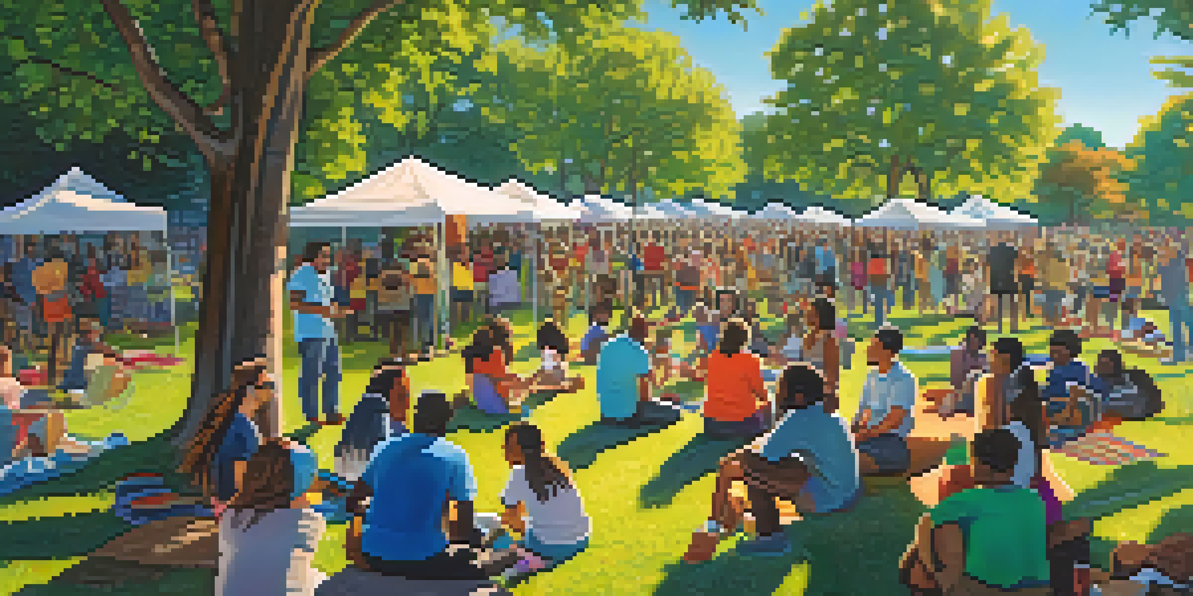 A lively community gathering in a park with diverse people discussing social justice, colorful banners, and children playing.