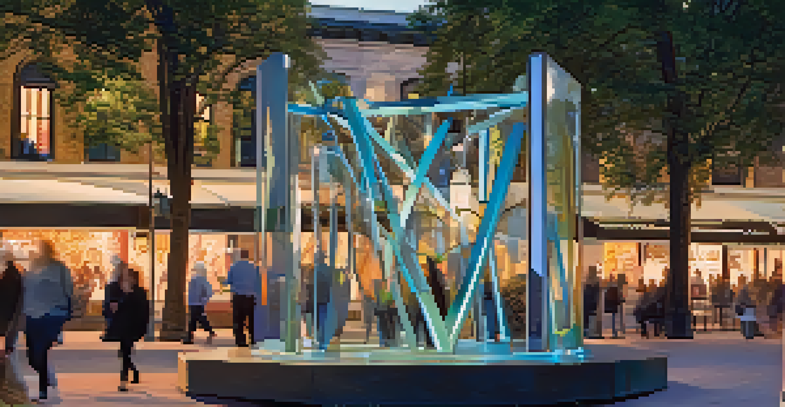 An abstract interactive sculpture in a city square, illuminated by bright city lights at night.
