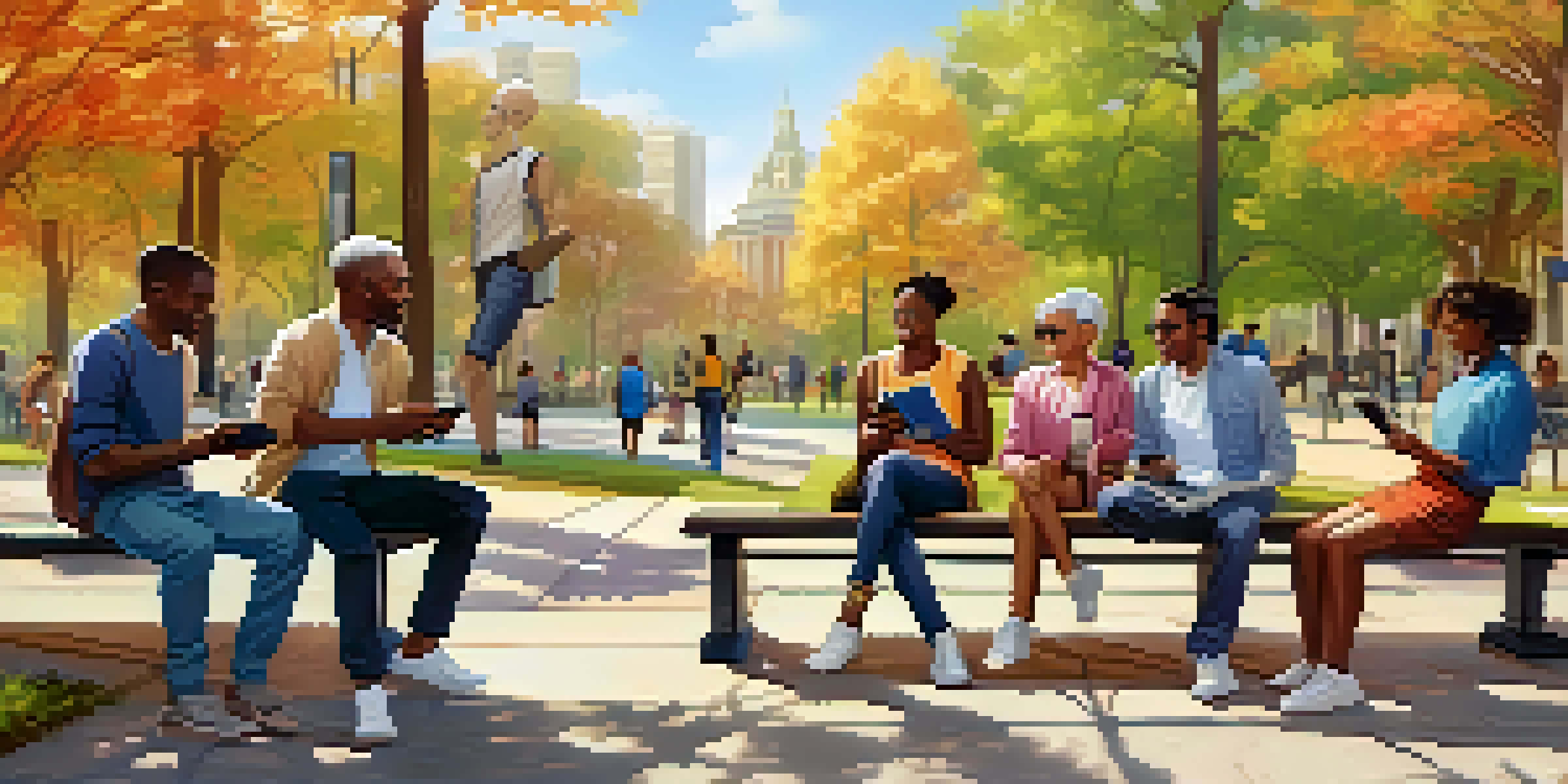 A diverse group of people in a park using smartphones to report safety issues, with trees and benches in the background.