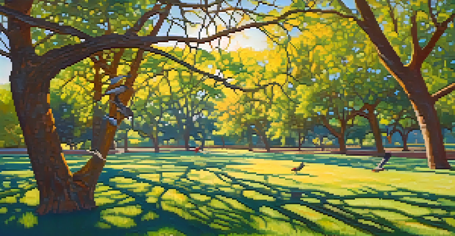 A lively late morning scene in a park with birds foraging among trees under bright sunlight.