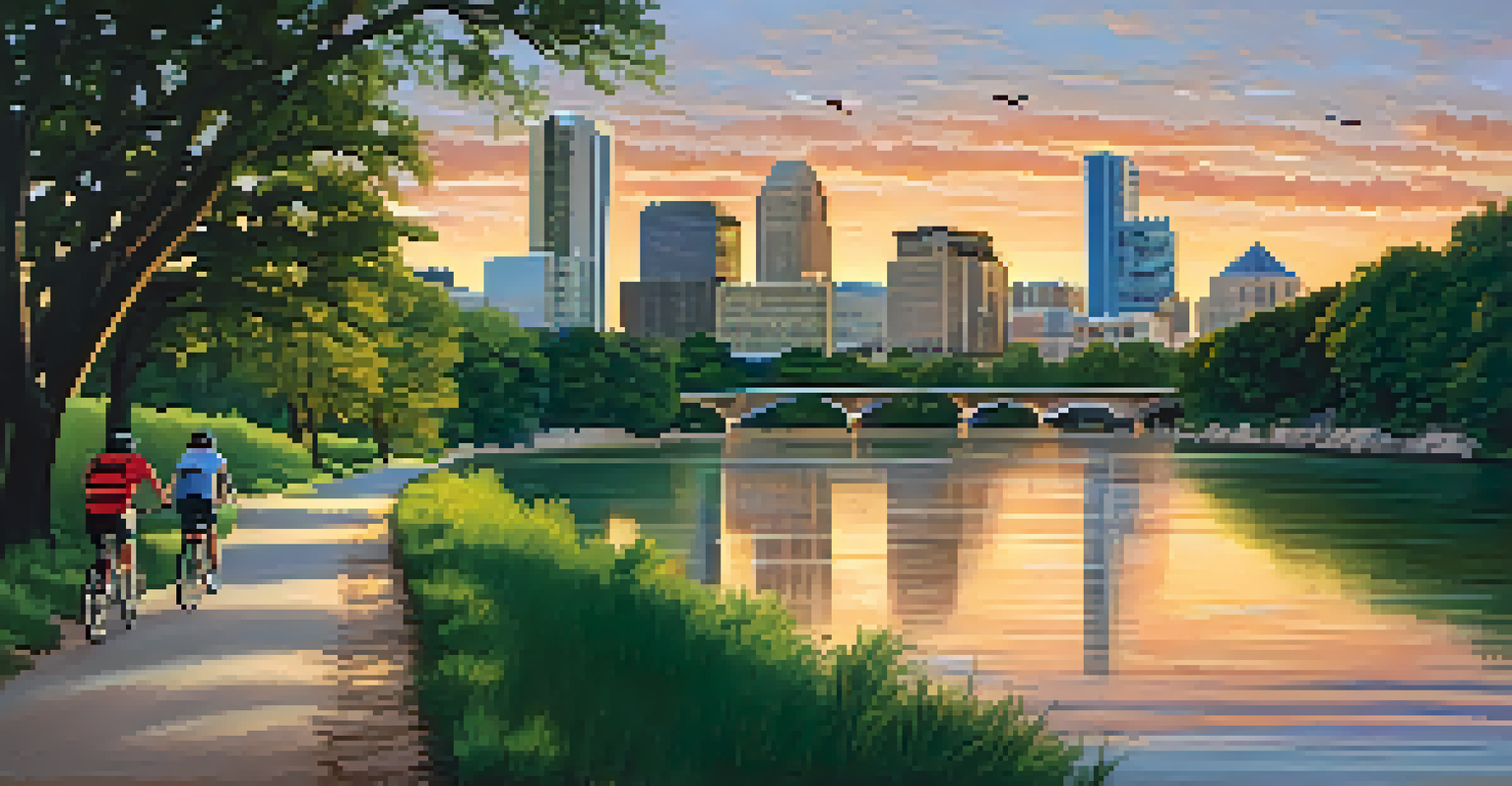 A family biking on a scenic trail by Lady Bird Lake at sunset, with reflections of the Austin skyline on the water.